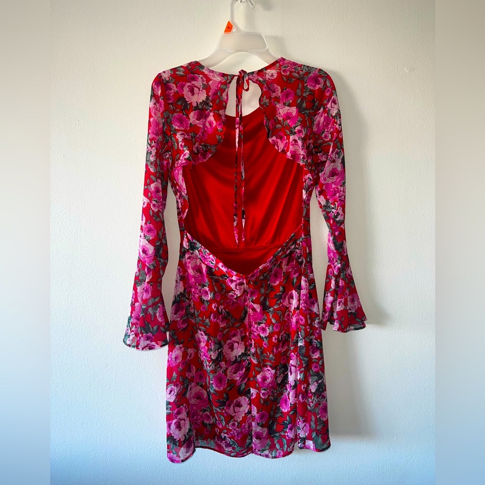 B. DARLIN Open Back MIDI Dress Red and Pink with Flower Pattern SIZE 11/12 - Picture 2 of 3